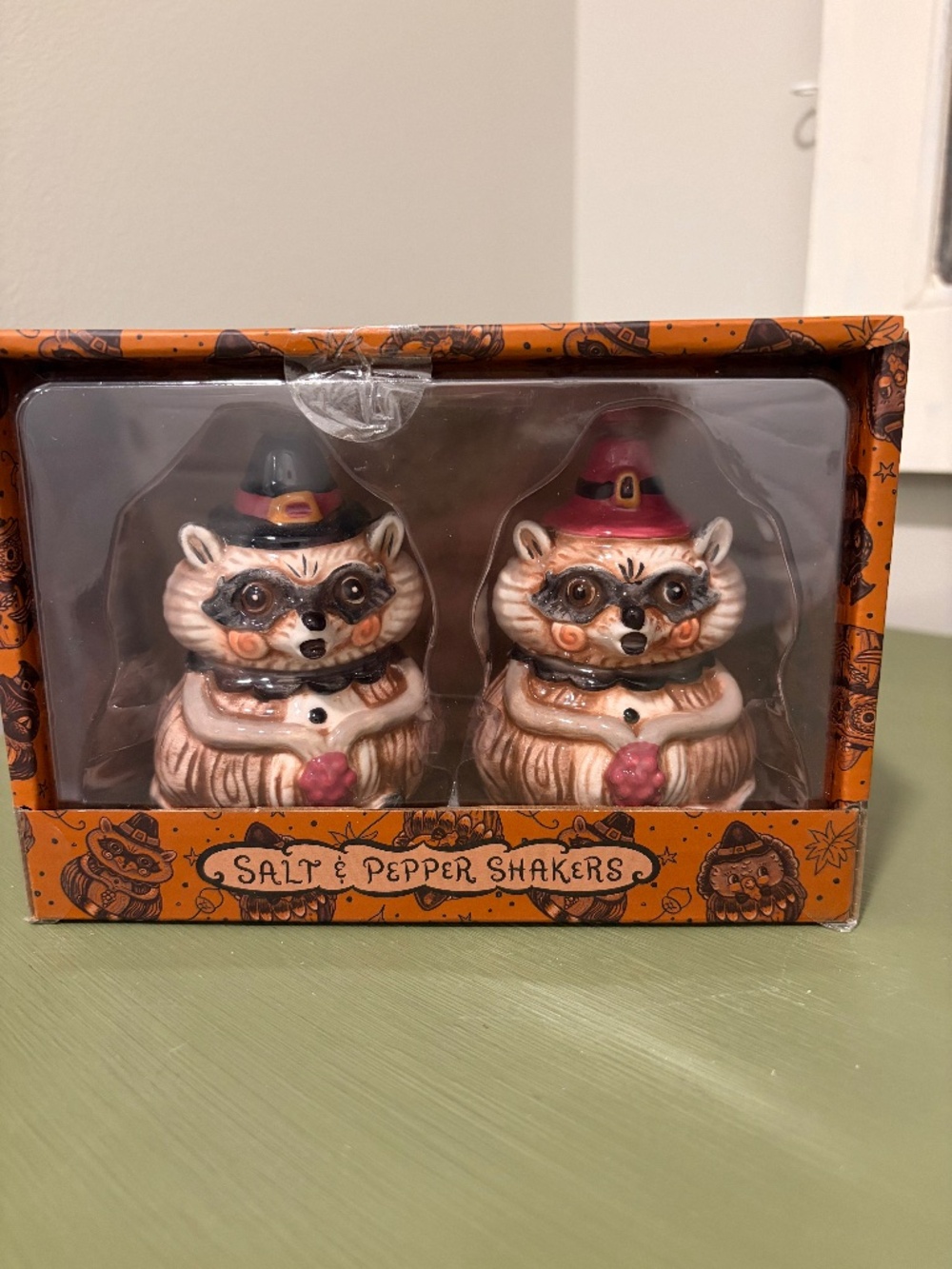 Johanna Parker Design Autumn Grapevine Raccoon Salt & Pepper Shakers Set NWT